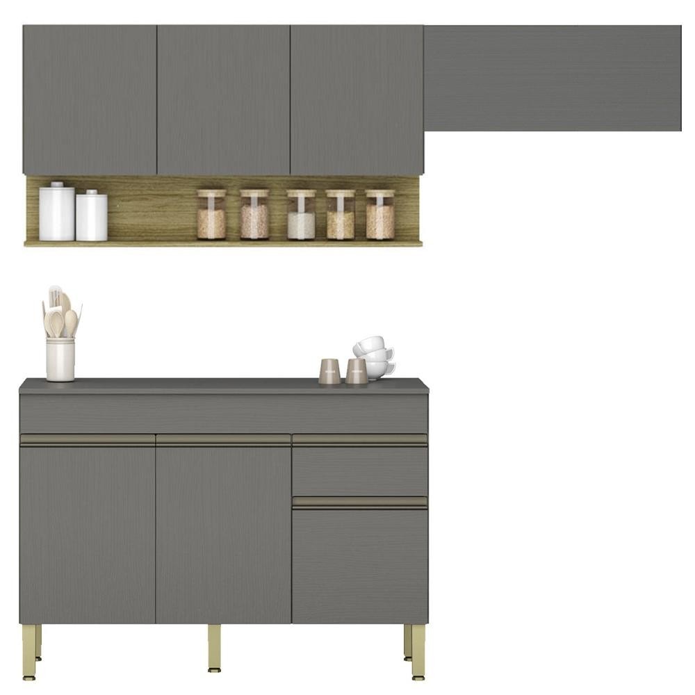 Armário de Cozinha 3 Peças Balcão com Tampo 120cm Lina05 Z06 Gris/Freijó - Mpozenato - Home & Living