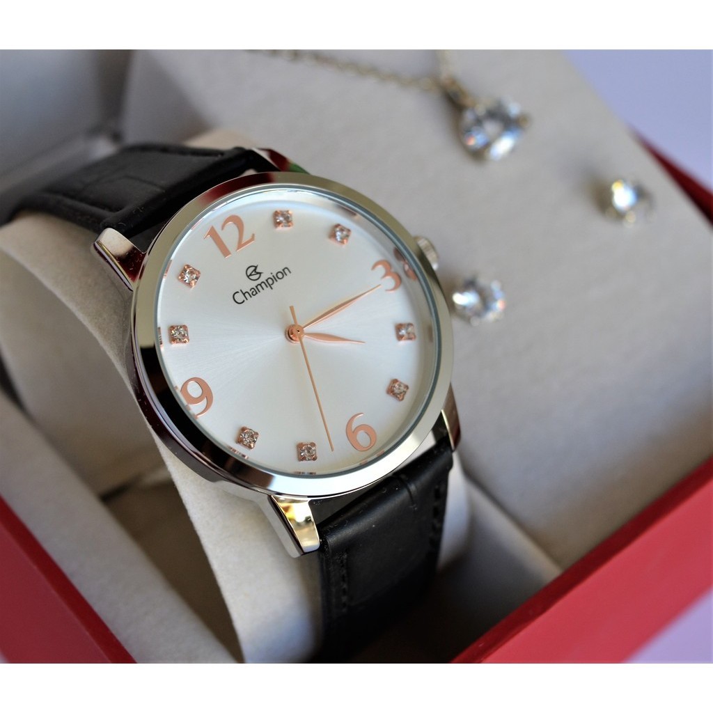 RELOGIO CHAMPION FEMININO PRATEADO PULSEIRA DE COURO CN24244Y + KIT SEMI JOIA