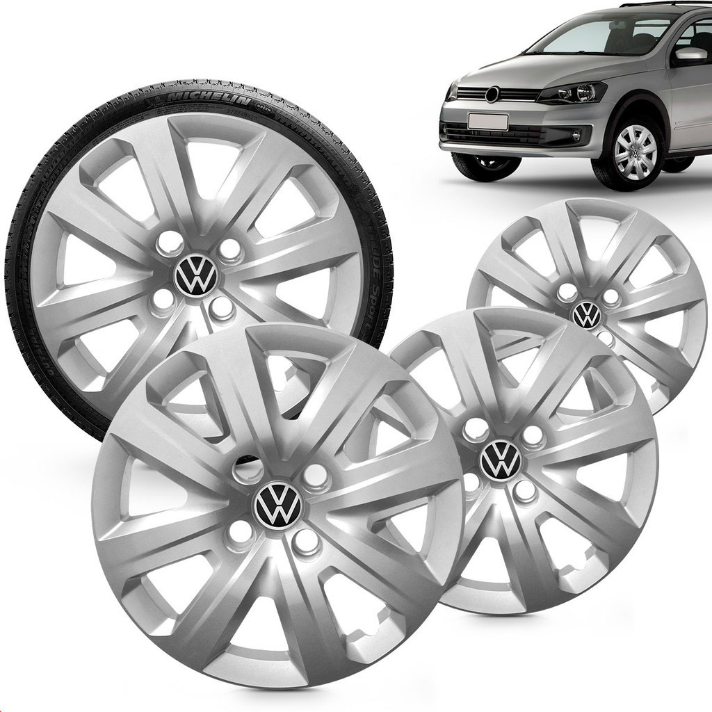 Kit 4 Calotas Saveiro G6 2014 Aro 14 Prata Cubo Alto Grid + Adesivo Resinado 48Mm Vw Preto (4 Pc)