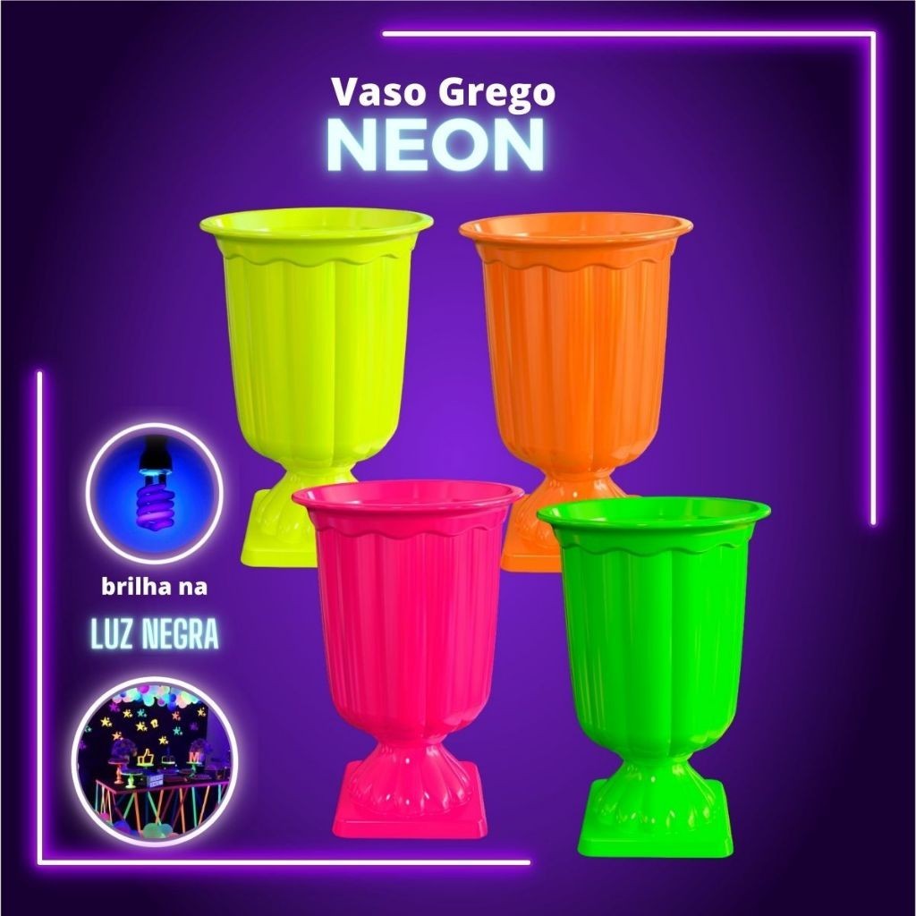 2 Vasos Grego Neon Decoração Mesa Neon Brilha na Luz Negra
