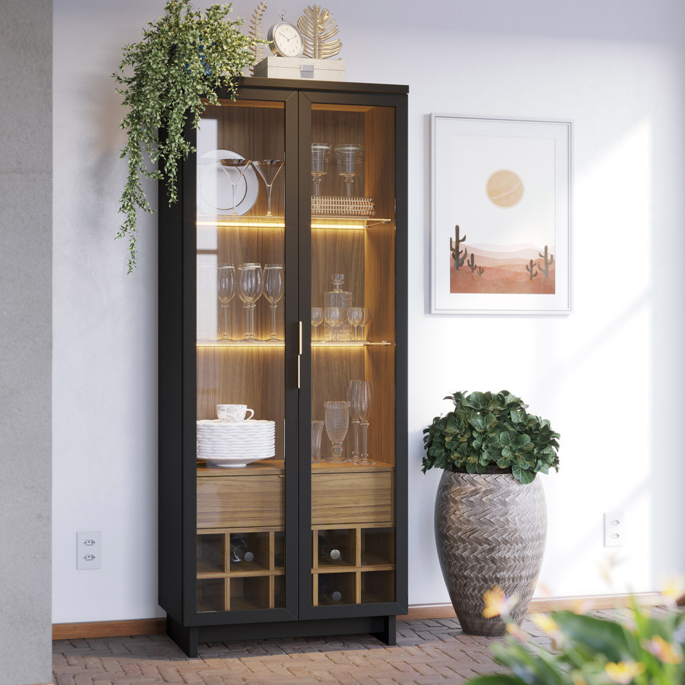 Cristaleira Para Sala De Jantar com Nicho Adega 02 Portas Malibu C04 Preto Noce Milano - Lyam Decor em Oferta na Shopee