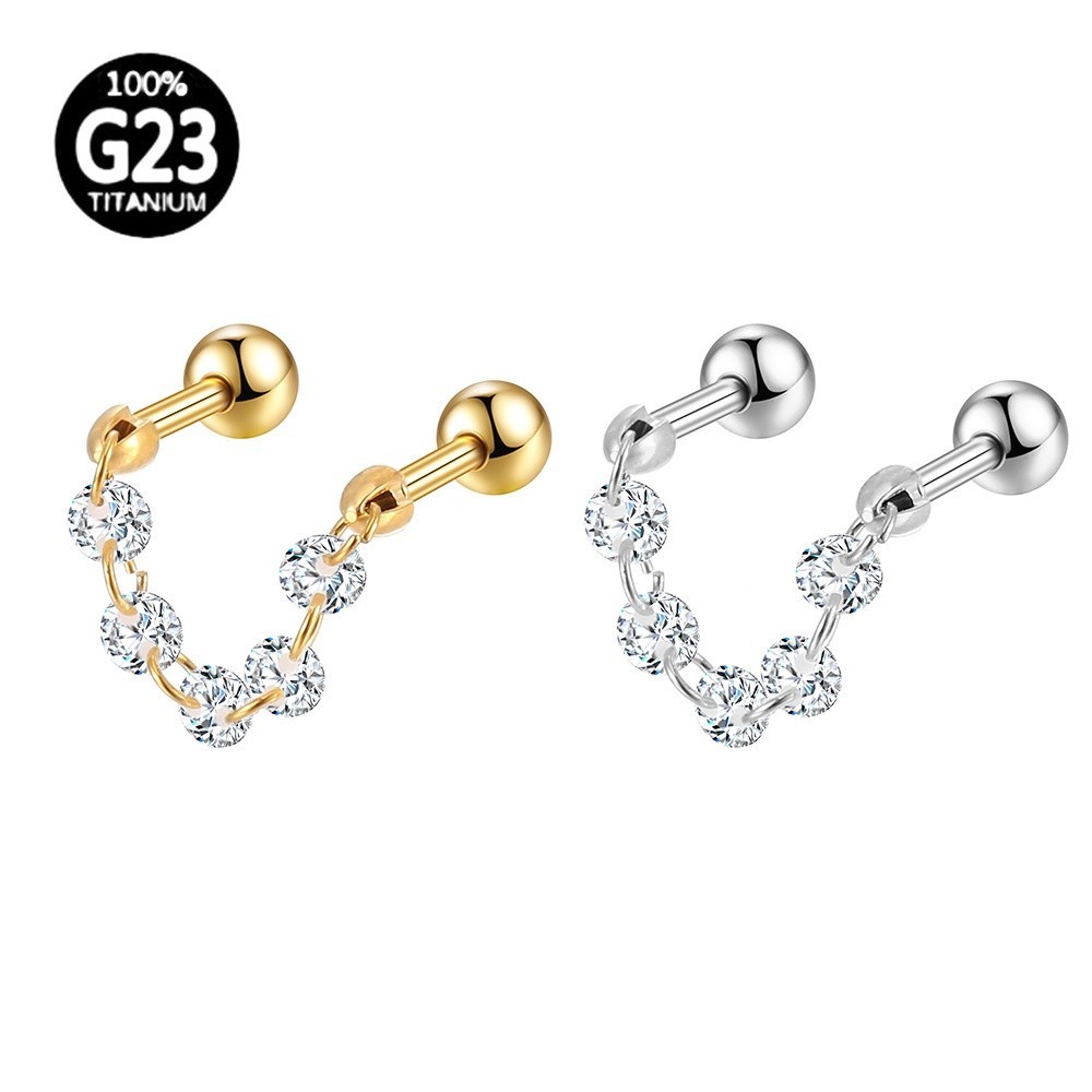 Piercing Helix Flat Conch Mini Barbell Titânio Pvd Duplo Com Corrente/Zircônia - Fashion Accessories