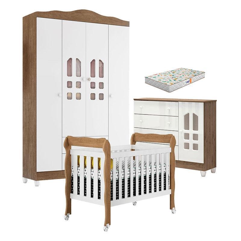Quarto Bebê New Selena 4P com Berço Lila e Cômoda Selena Branco Amadeirado e Colchão Gazin – Carolina
