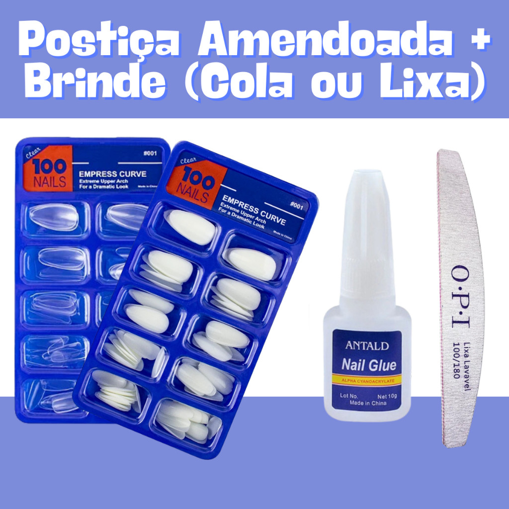 KIT 100 UNHAS POSTIÇAS AMENDOADA NATURAL REALISTA + BRINDE ESPECIAL em Oferta na Shopee