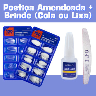 KIT 100 UNHAS POSTIÇAS AMENDOADA NATURAL REALISTA + BRINDE ESPECIAL