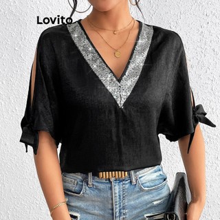 Lovito Blusa elegante lisa com babados e renda para mulheres LNL79411 em Oferta na Shopee