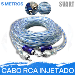 Cabo Rca Injetado Techone Svart 5 Metros 4mm Flexível Transparente Azul/Prata Som Automotivo Plug de Metal Níquel