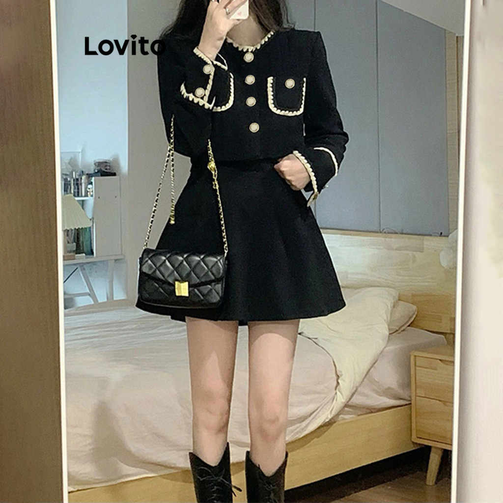 Lovito Casual Conjunto Feminino Liso de Saia com Costura Contrastante Fecho Lateral e Bolsos LNA29534 (Preto) - Women Clothes