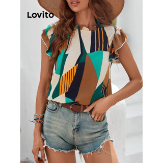 Lovito Blusa Elegante Com Babados Lisos Para Mulheres LNE31136 (Multicolorido/Preto)