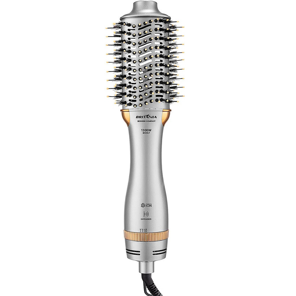 Escova Secadora Britânia Compact BES33SD com Cabo Giratório 1300W Bivolt - Prata e Dourada...