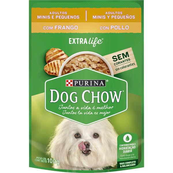 Ração Úmida Dog Chow Adultos - Raças Mini e Pequenos - Sabor Frango Sachê 100g - Caixa Fechada com 15 unidades.