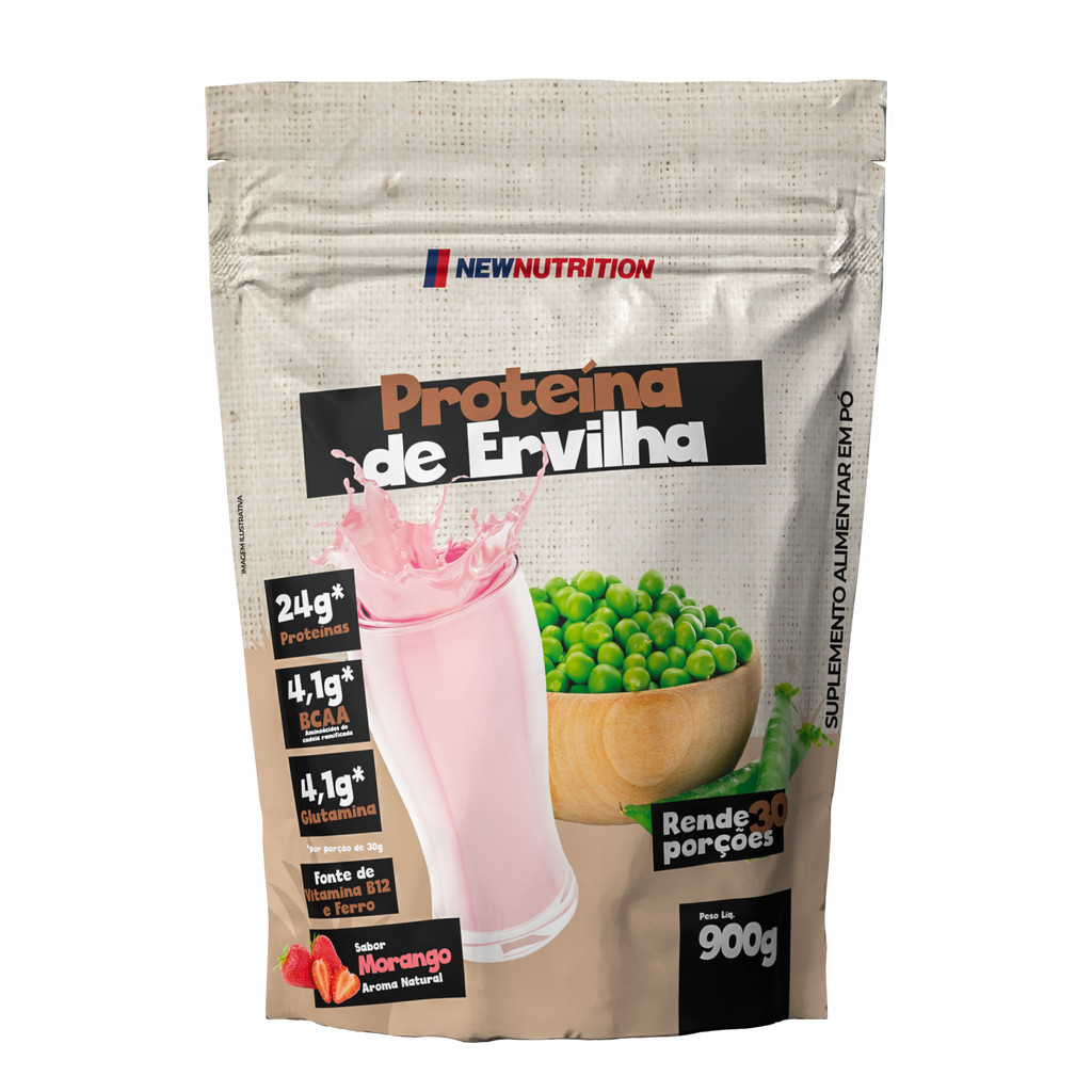 Proteína da Ervilha 900g Sabor Morango Suplemento em Pó Pea Protein Vegetal 100% Vegano