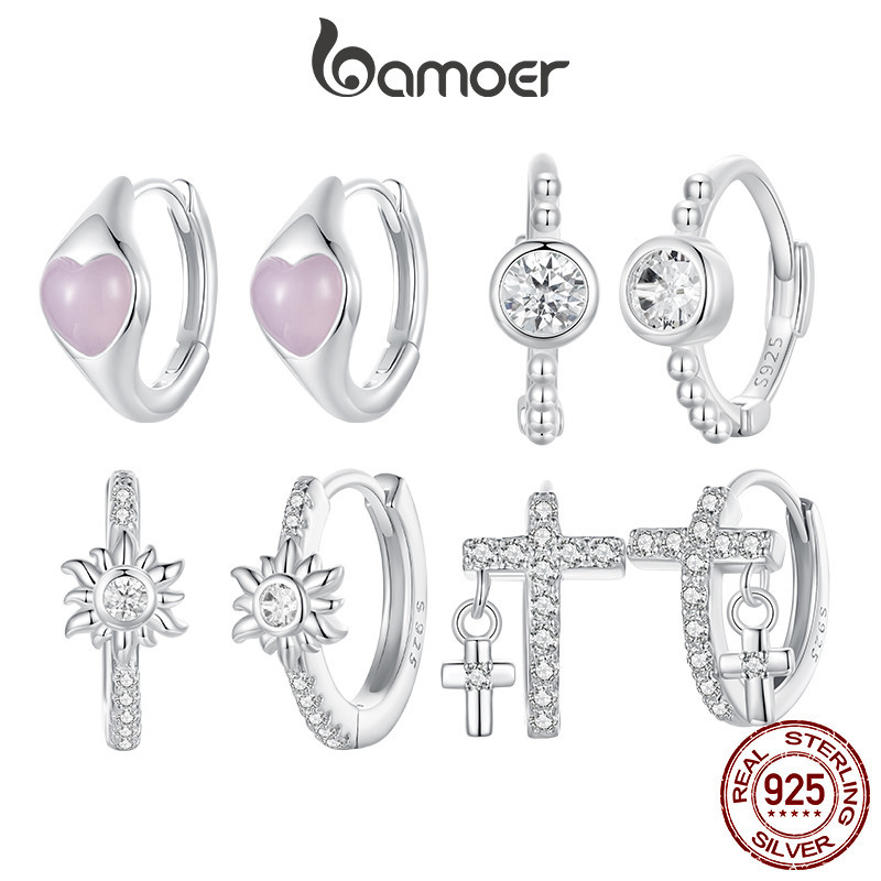 Brincos Bamoer 925 Sterling Sliver Hoop Coração Rosa Cruz Sol Simples Contas Serpente Design Jóias Presentes Para Mulheres - Fashion Accessories