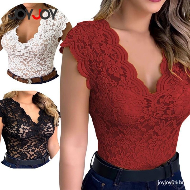 Mulheres Camisa de Renda/Manga Curta/Cola V/Plus Size/Casual/Sexy/Moda Para O Verão 3TDU SNK3 JPI8