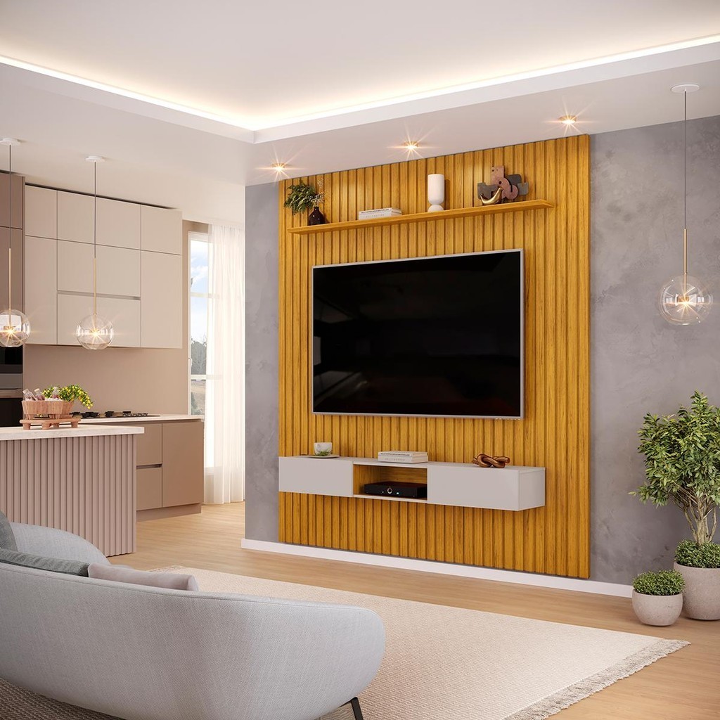 Painel com Bancada para TV até 75 Polegadas Ripado DJ Móveis Trento 223 Cedro Bali em Oferta na Shopee