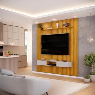 Painel com Bancada para TV até 75 Polegadas Ripado DJ Móveis Trento 223 Cedro Bali em Oferta na Shopee