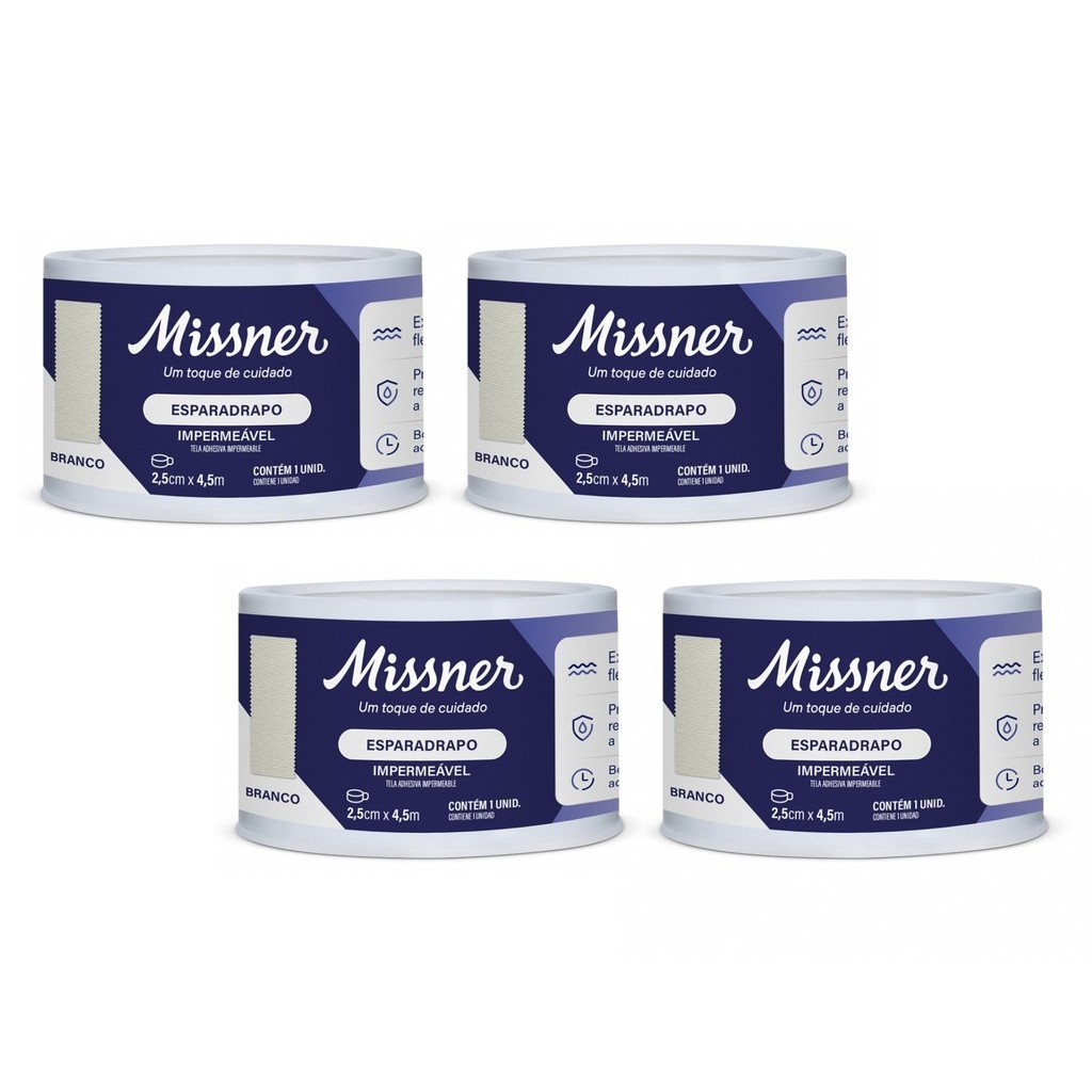 Kit 4 Esparadrapo Impermeável 2,5cm X 4,5m Branco - Missner