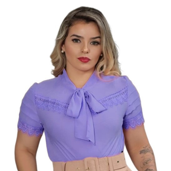 Blusa Camisa Roxa (Lilás) Manga Curta Renda Social Moda Evangelica Laço Gravata Gravatinha Romantica