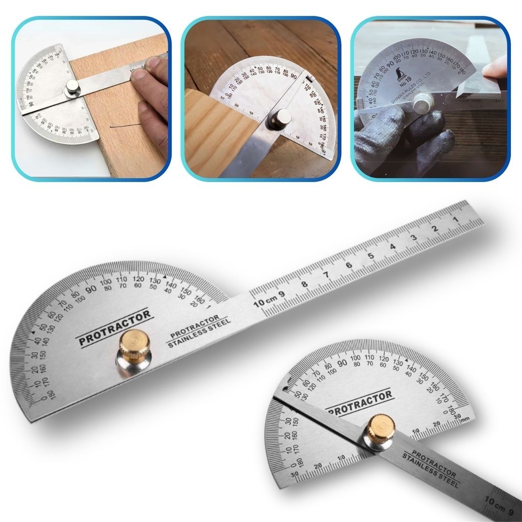 Transferidor De Grau 180º Meia Lua Aço Inox Com Esquadro Regua Escala 145mm
