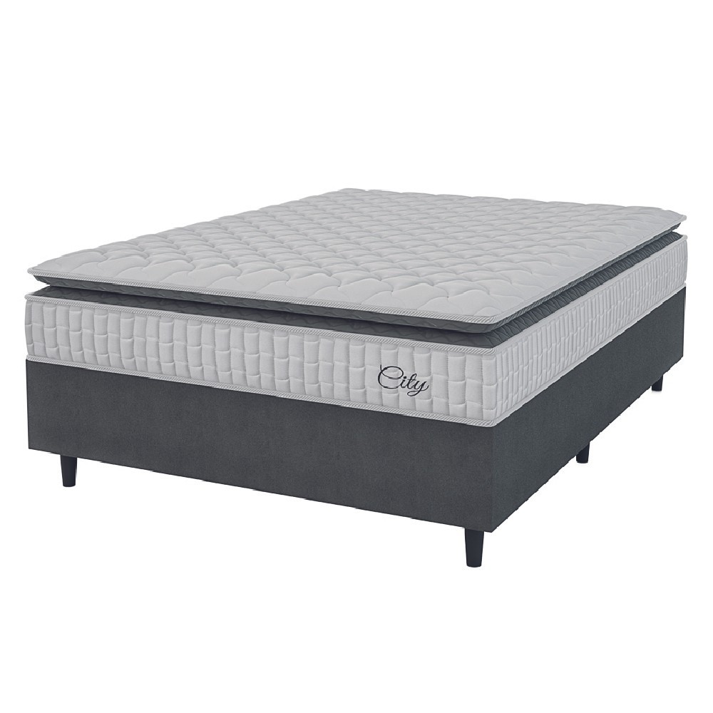 Cama Box Colchão Casal Molas Ensacadas City Pillow Top 138x188x61cm Branco / Cinza Hellen - Suporta até 110kg por Pessoa - Home & Living