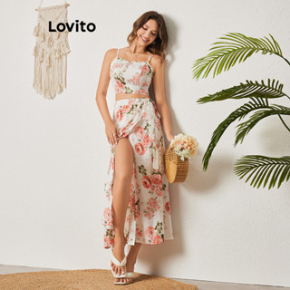 Lovito Casual Conjunto Feminino Floral de Costas Abertas com Saia Laço Frontal e Fenda LBL08449