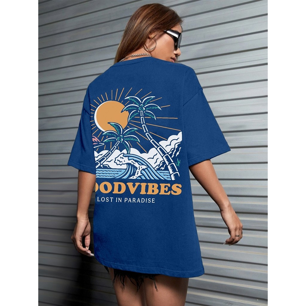 Camiseta Streetwear Unissex Estampa Good Vibes Flamingo Praia Sol Mar Oversized Plus Size Aesthetic
