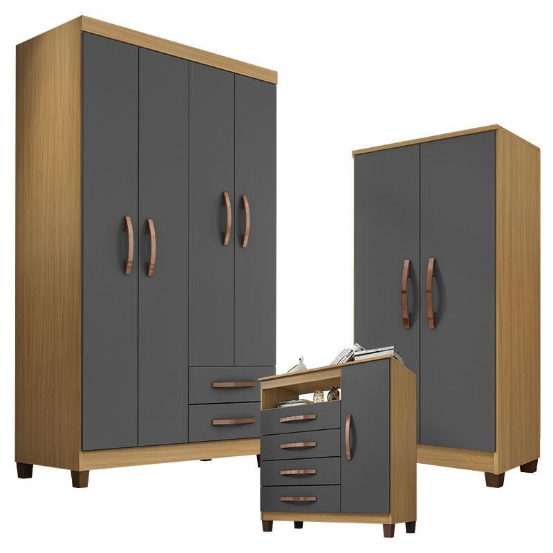 Guarda Roupa Modena 4P c/ Cômoda Gaveteira Cannes e Armário Recife Carvalho Americano Grafite - Incorplac