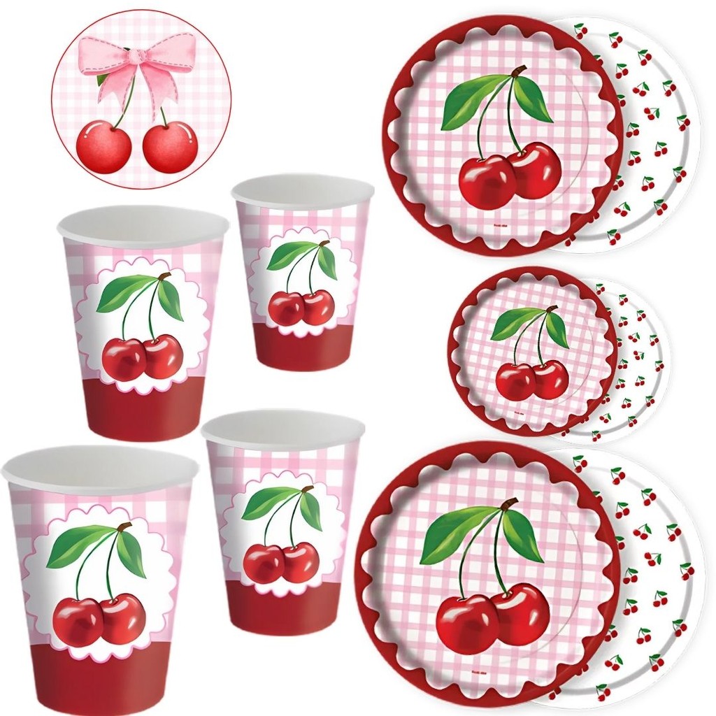 KIT FESTA CEREJA FESTA CHERRY 8 PRATOS + 8 COPOS DESCARTÁVEL 200 ML PAPEL - FESTCOLOR (CHOCO)