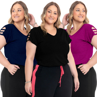 KIT TRÊS BLUSAS FEMININA PLUS SIZE DECOTE V COM DETALHE NAS MANGAS 0201
