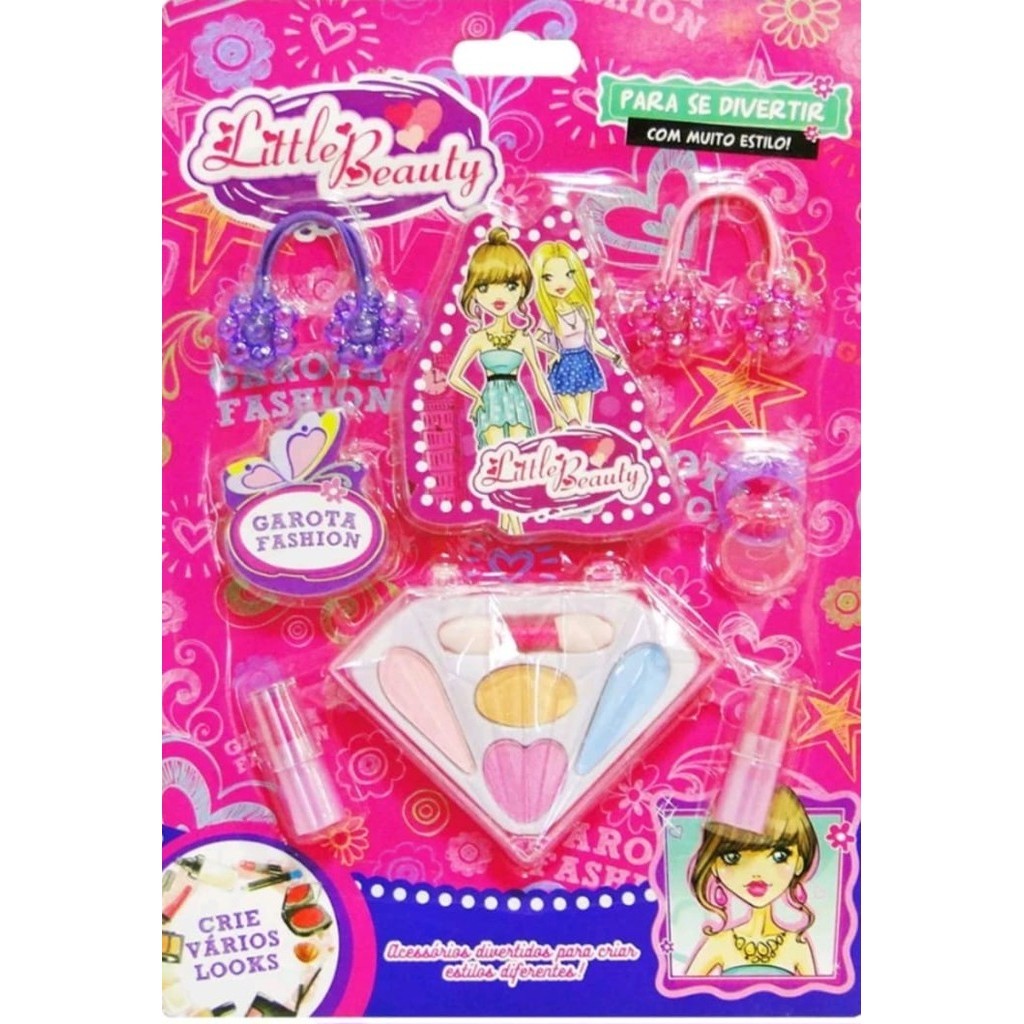 ESTOJO DE MAQUIAGEM COM SOMBRA + BATOM E ACESSORIOS PARA BONECA LITTLE 8 PECAS BEAUTY