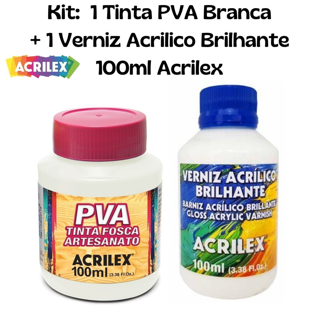 Kit 1Tinta Branca PVA 100ml + 1 Verniz Acrilico Brilhante 100ml Acrilex em Oferta na Shopee