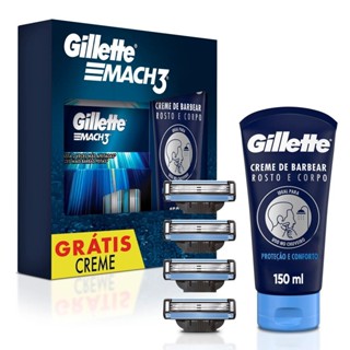 Carga Gillette Mach3 com 4 Refis de Mach3 e Creme de Barbear Gillette Rosto e Corpo 150ml