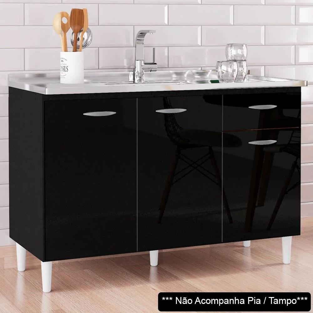 Balcão Gabinete de Pia para Cozinha 120cm 3 Portas Classic P11 Preto - Mpozenato - Home & Living