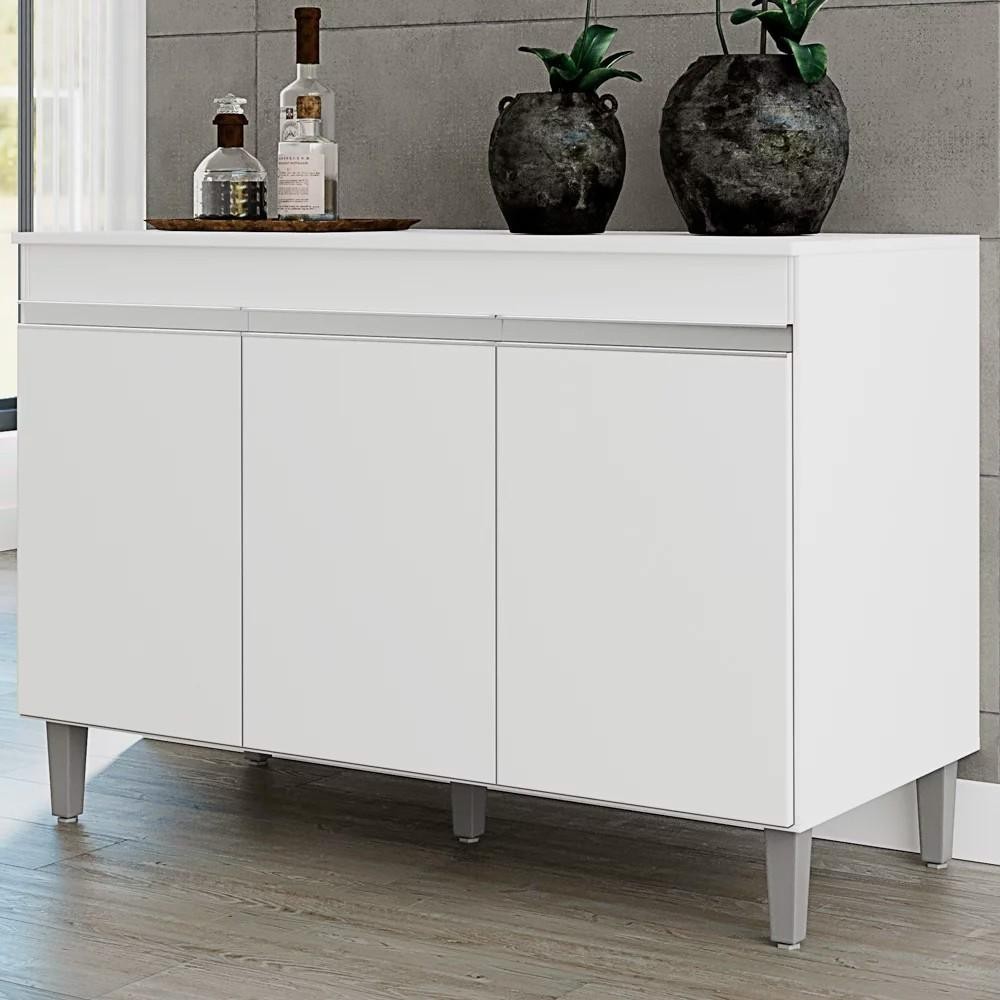 Balcão Gabinete 120cm 3 Portas Com Tampo Manu Branco - AJL Móveis - Home & Living