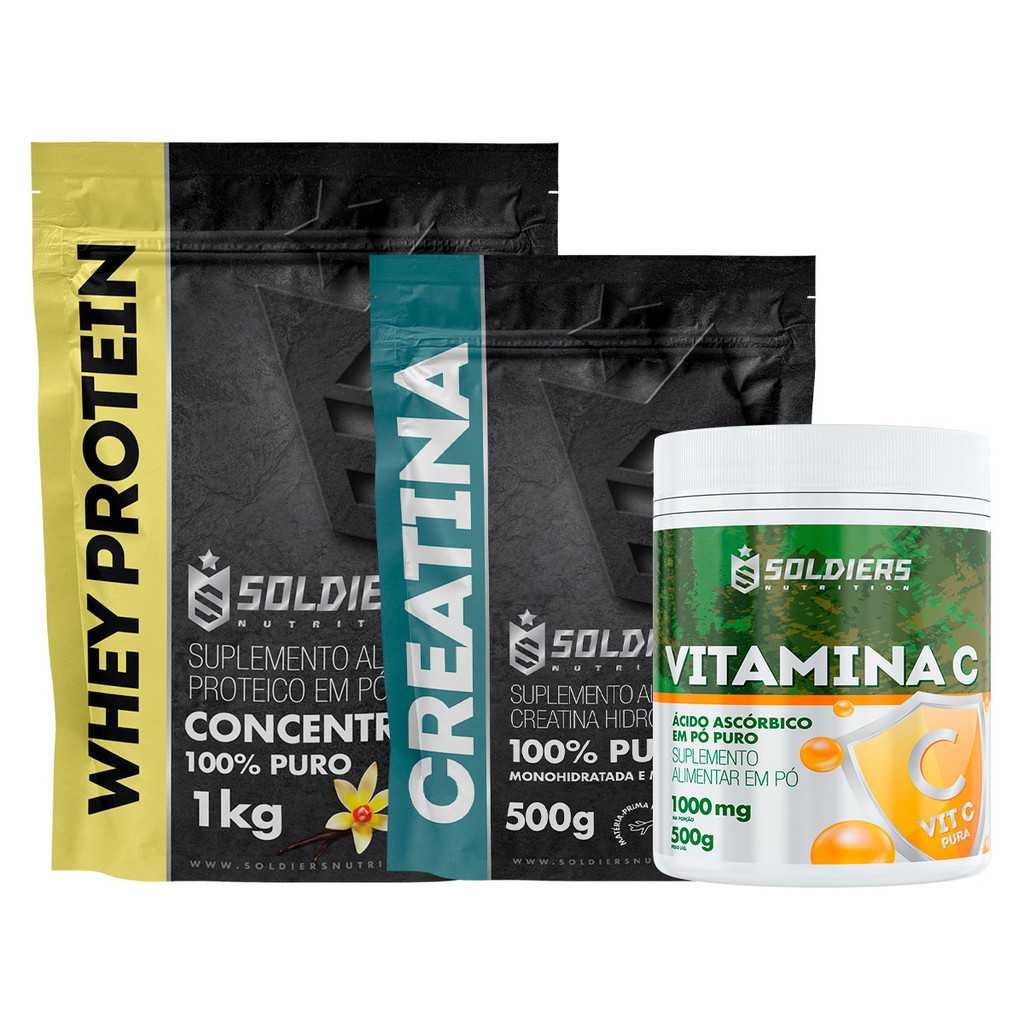 Kit: Whey Protein Concentrado 1Kg + Creatina Monohidratada 500g + Vitamina C Em Pó 500g - 100% Importado - Soldiers Nutr