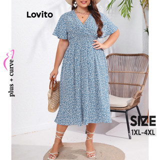Lovito Plus Size Casual Vestido Feminino Franzido Estampa Ditsy Floral LNL37122 (Verde Claro/Azul)