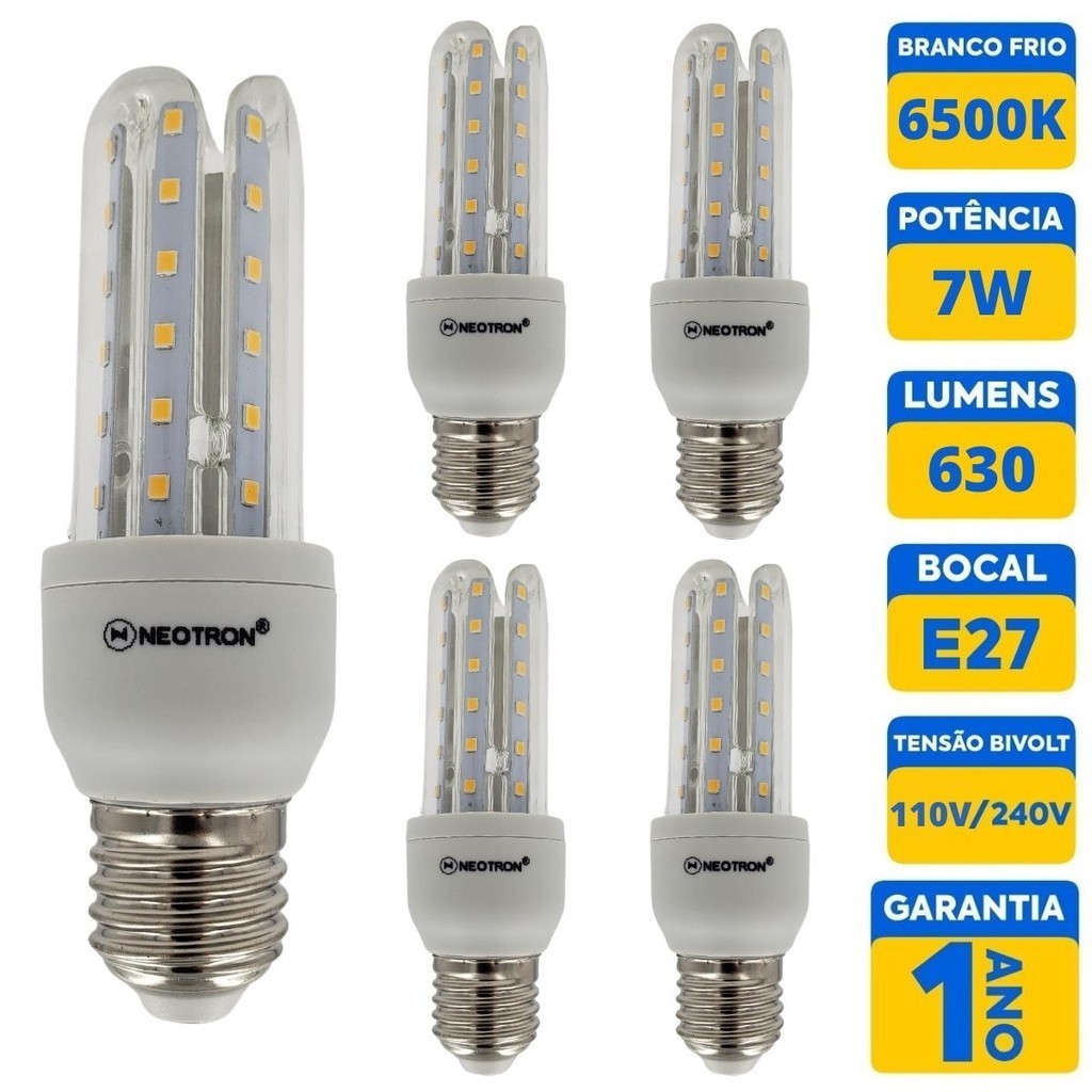 Kit 5 Lâmpadas Led Compacta 7W Bivolt 110/220V 3U E27 Luz Branca Fria 6500K NEOTRON 800 Lúmens - Decorativa Cozinha Casa Residencial Soquete Padrão Luminária Compacta Espiga Milho Formato U