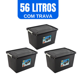 3 Caixas Organizadora Container Preta Com Tampa e Trava 56 Litros Cesto Organizador Preto em Oferta na Shopee