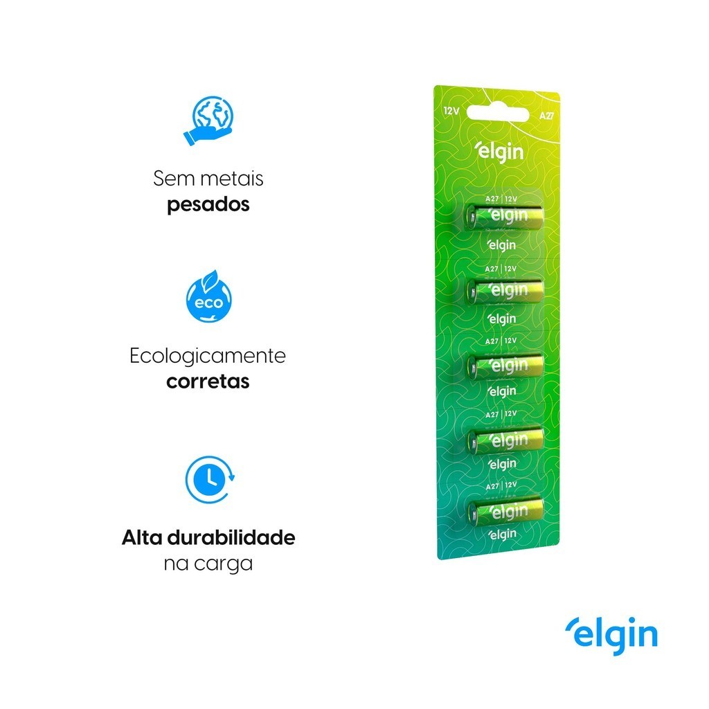 Detalhes do Pilha Alcalina 27A Elgin Bateria MN27 A27G A27 5 unidades