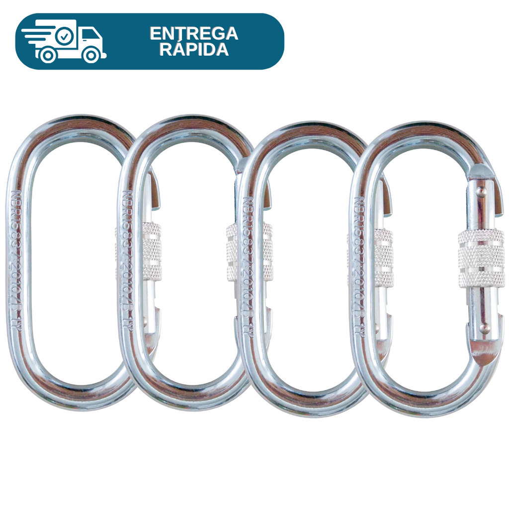 Kit 4 Mosquetão Aço Oval Rosca 23kn Dupla Trava De Segurança Trabalho Em Altura Escalada Alpinismo