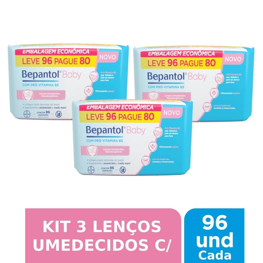 Kit 3 Lenços Umedecidos Hipoalergênicos 96un cada - Bepantol