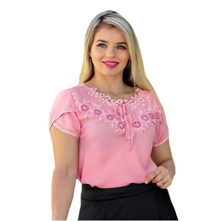 Blusa Camisa Rosa Rose Claro Manga Curta Renda Social Pérola Bolinha Crepe Moda Evangelica Laço Lacinho Romantica Congresso