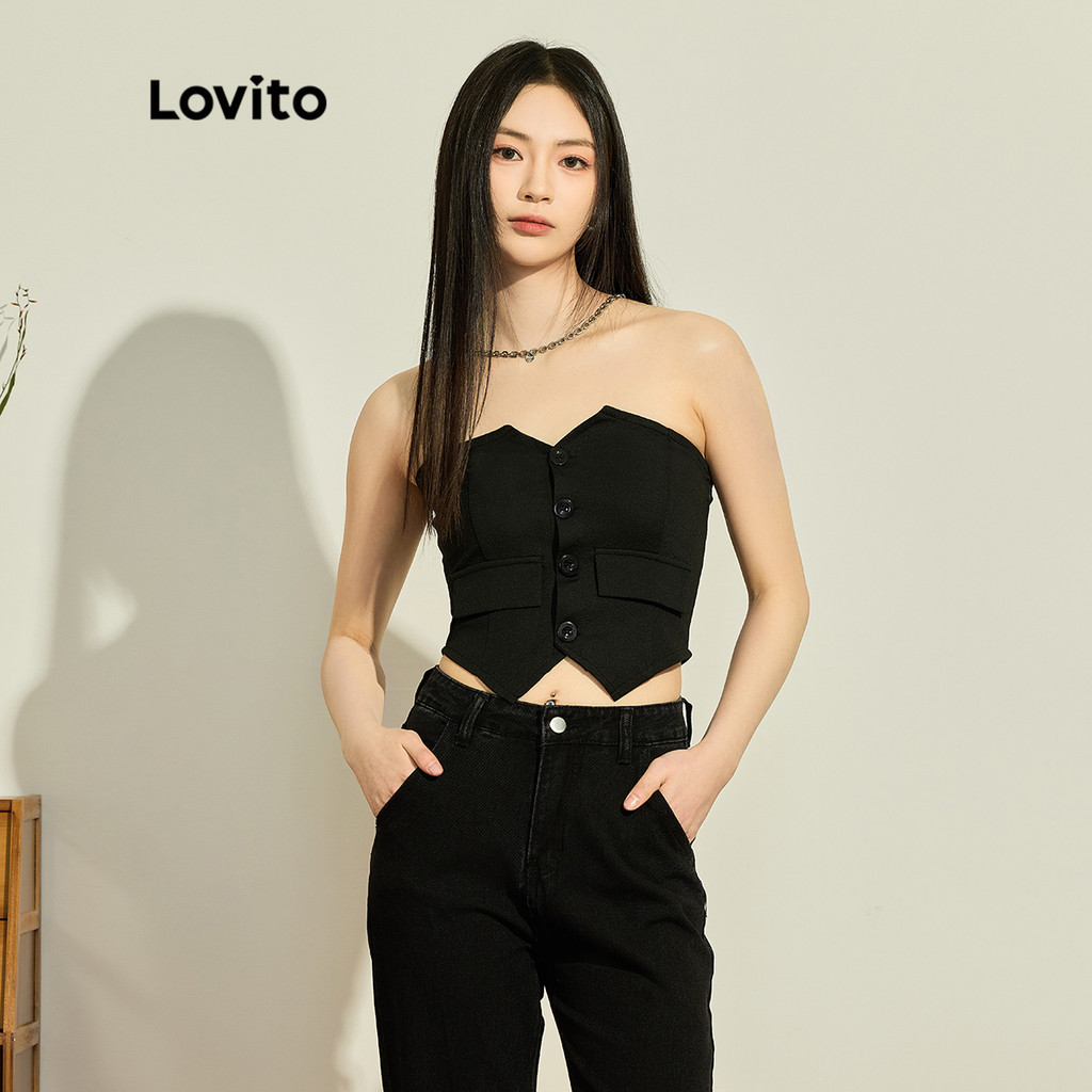 Lovito Regata Casual com Botões Falsos e Bolsos para Mulheres L73AD022 - Women Clothes