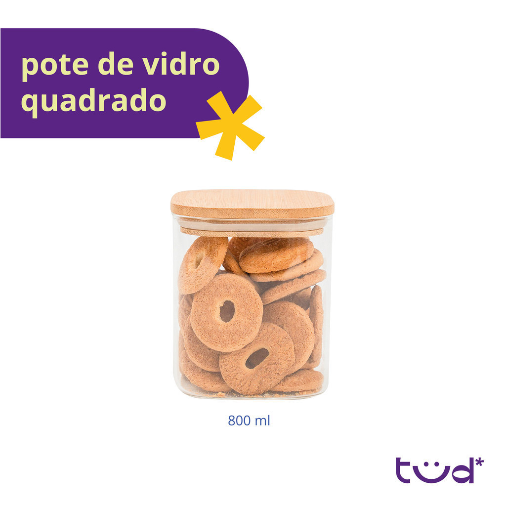 Detalhes do Pote de vidro 800ml com tampa de bambu hermético quadrado - Tud