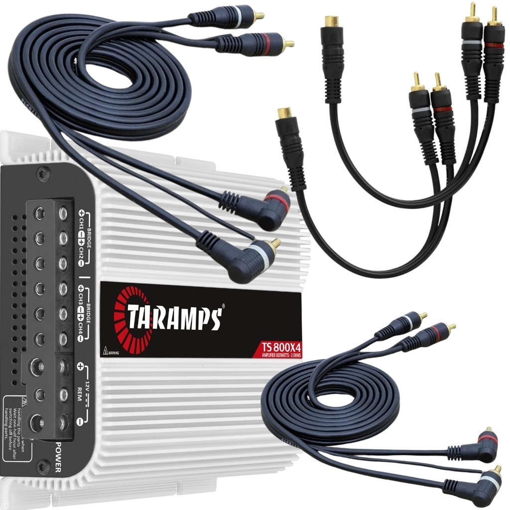 Módulo Taramps TS800x4 2 Ohms + 2 Cabos RCA KX3 1,5 Metros + 2 Cabos Y 2 Macho / 1 Fêmea