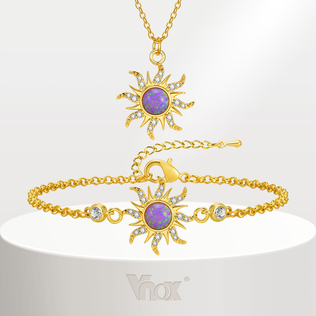 Vnox Opal Zircon Colar De Girassol Cúbico Em Zircônio Pulseira Para Menina Feminina , 18K Gold Purple Retro Elo De Corrente De Aço Inoxidável em Oferta na Shopee