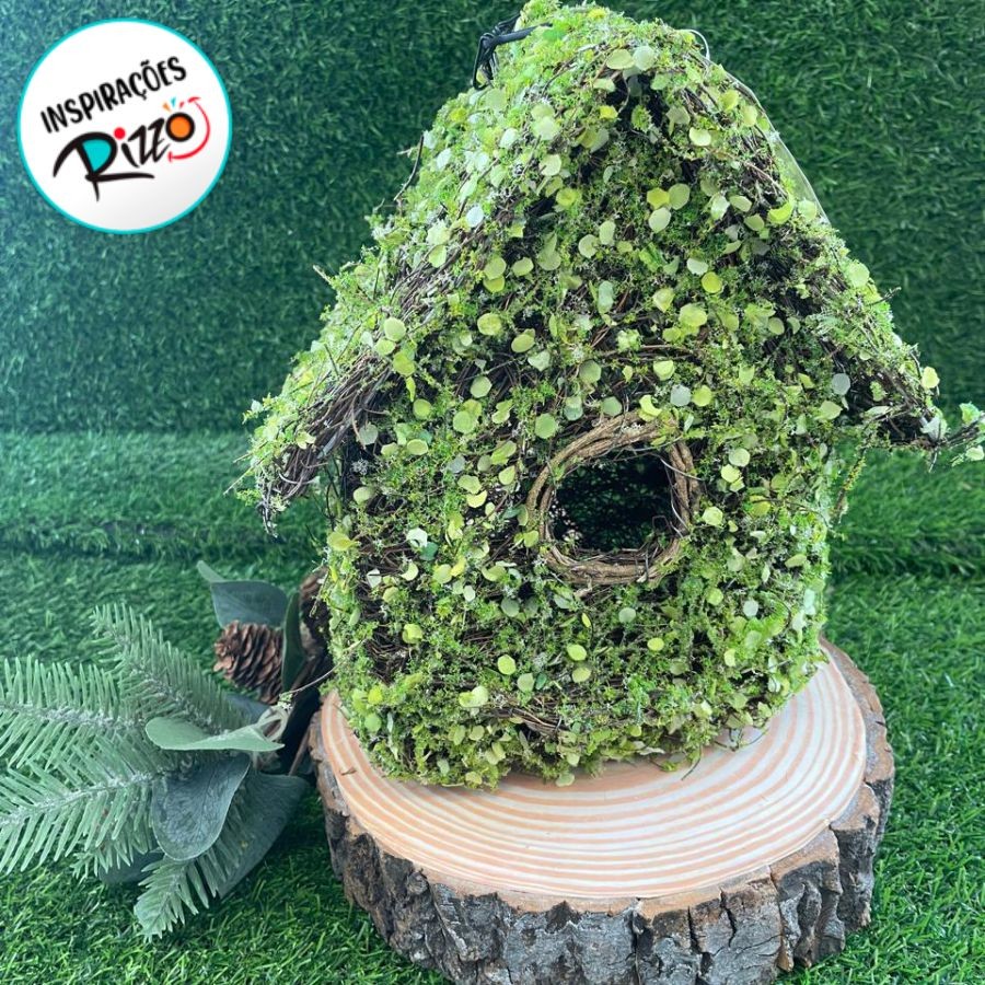 Detalhes do Enfeite para Pendurar Rústico - Casa de Passarinho de Folhas Verdes - 27cm - 1 unidade - Cromus - Rizzo