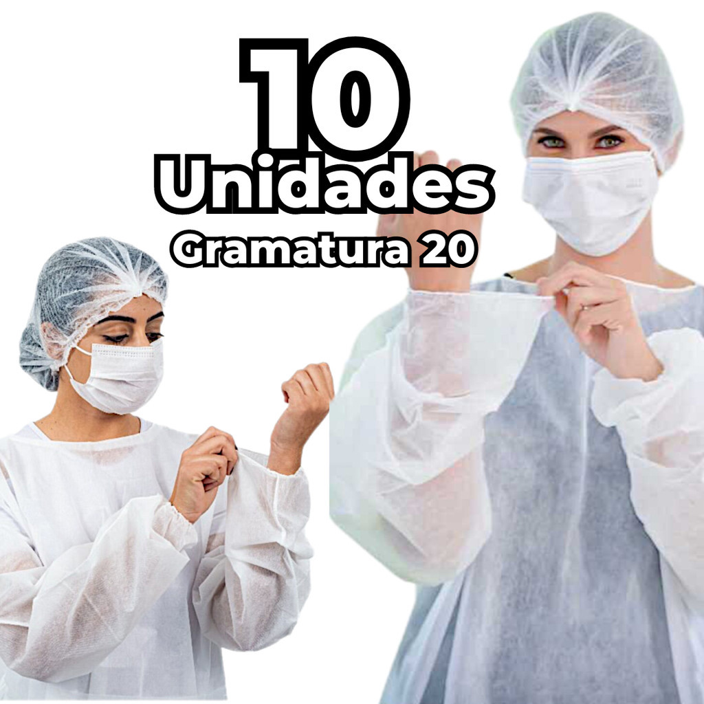 Avental Descartável Gramatura 20 TNT Manga Longa Branco com 10 Unidades - Jaleco Capote Cirurgico