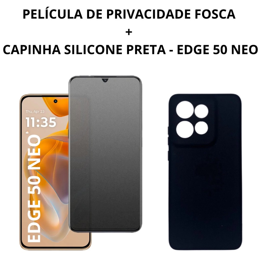 Película de Privacidade Fosca + Capinha Silicone Preta Para Motorola Edge 50 Neo