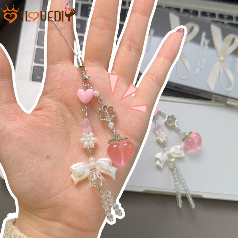 [Destaque] Chaveiro Com Pingente De Pêssego Bowknot-Presente De Aniversário-Corrente Suspensa Para Telefone-Ornamento Su em Oferta na Shopee